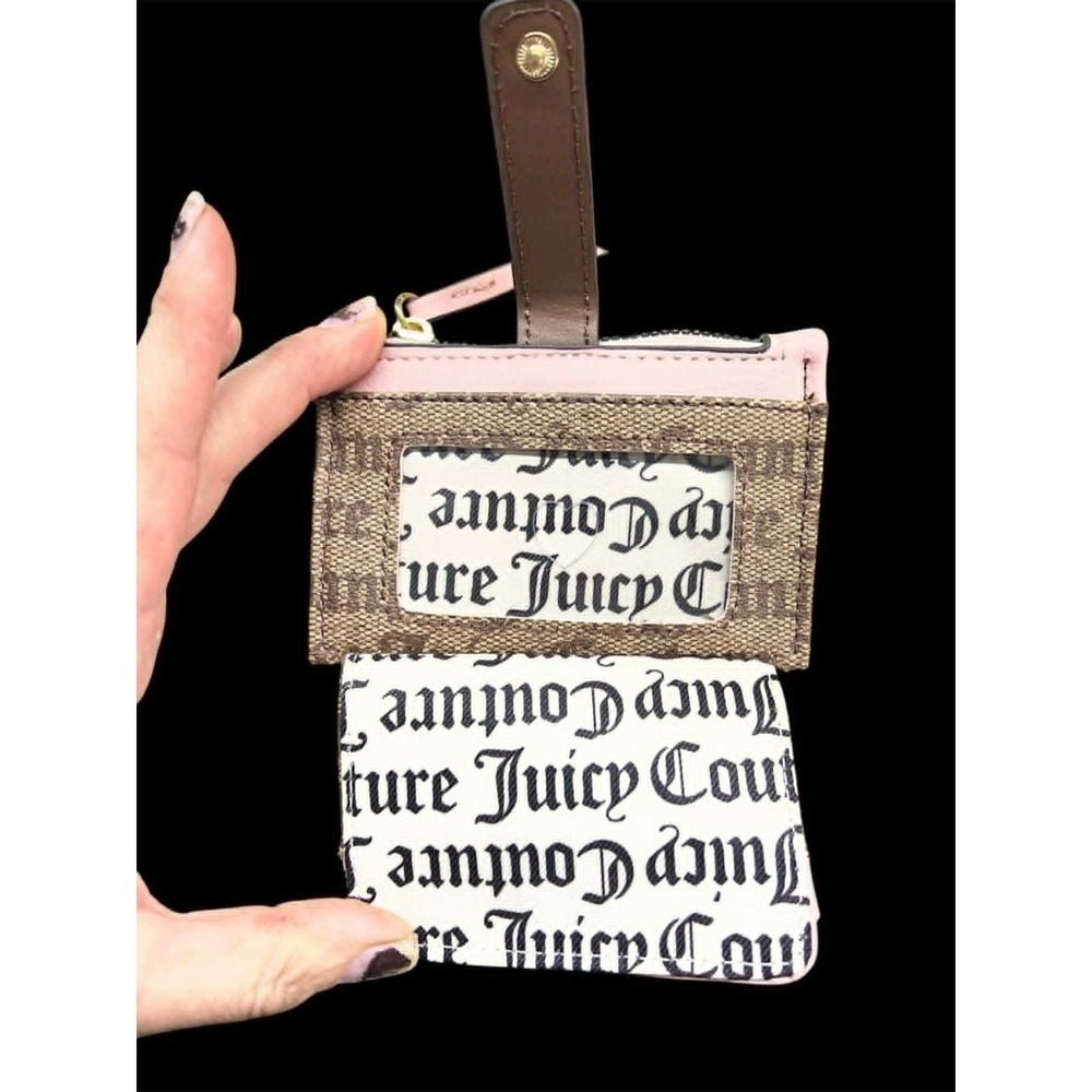 Juicy Couture Card Holder Wallet Brown Monogram Pink Heart Logo ID Window Zipper - Picture 3 of 4